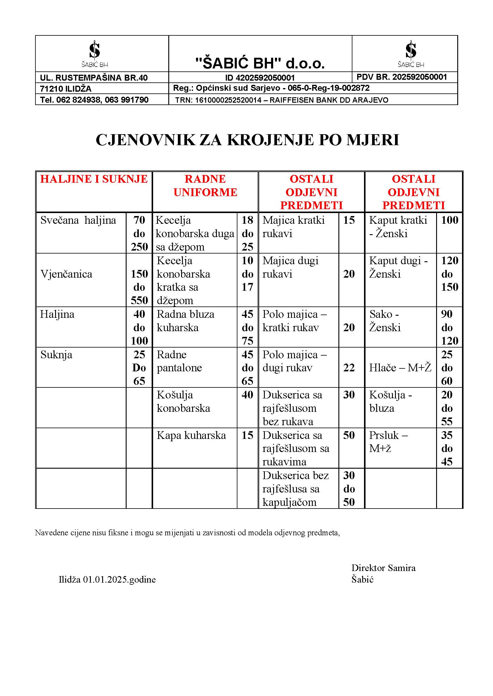 cjenovnik Krojenje